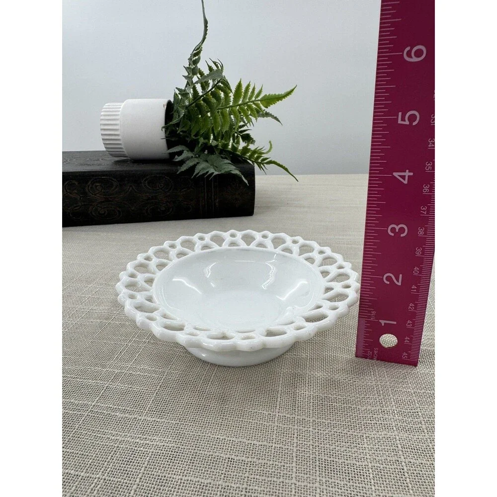 Vintage White Milk Glass Lace Edge Pedestal Bowl Openwork Dish Trinket Holder